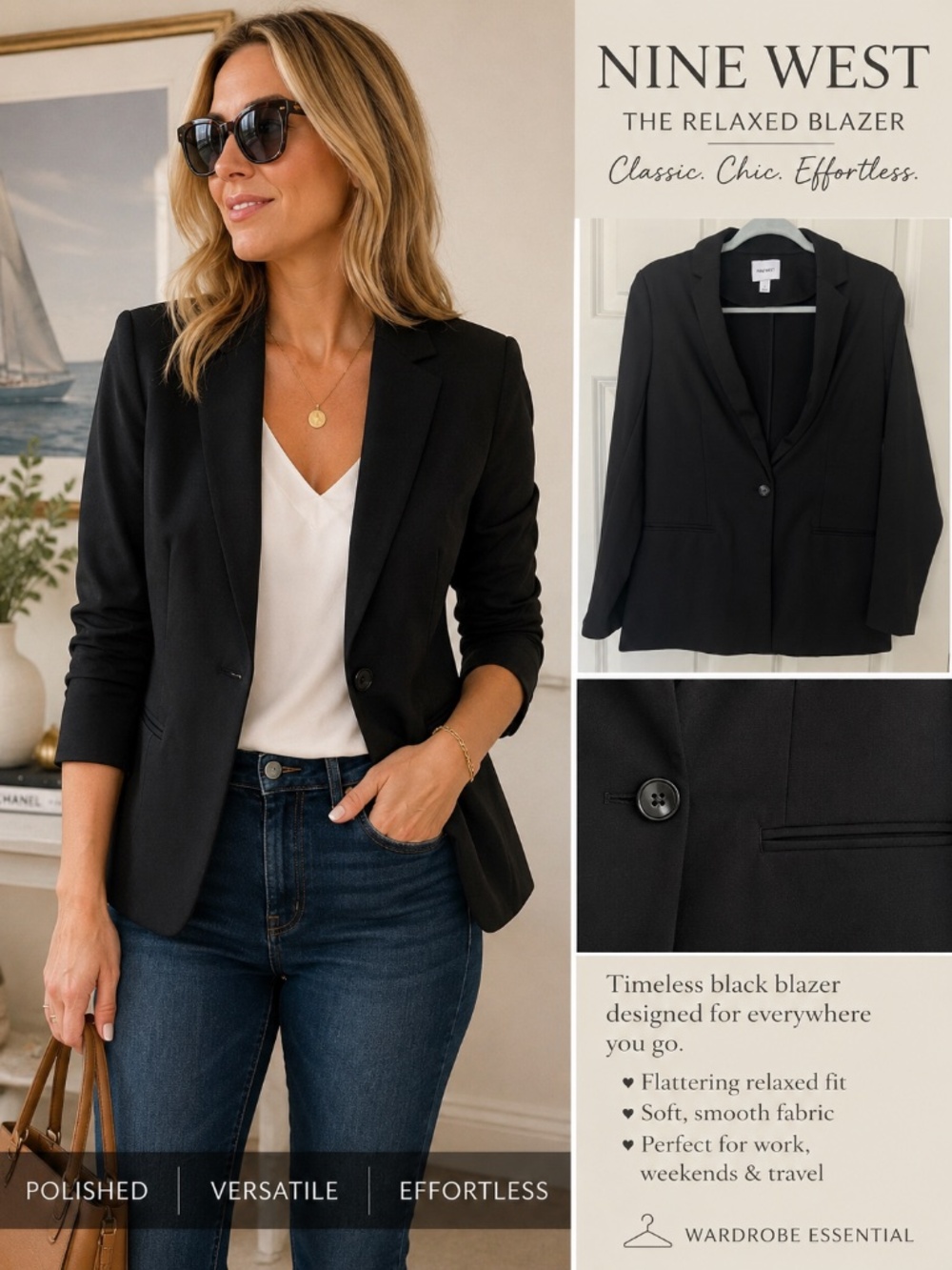 Nine West The Relaxed Blazer Black Size Small NWT Classic One Button Jacket